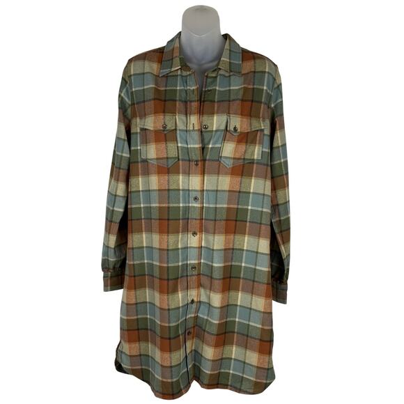 Pendleton GAMBLER 100% Virgin Wool Flannel Shirt Dress in Tan Green Plaid M NWOT - Picture 1 of 5